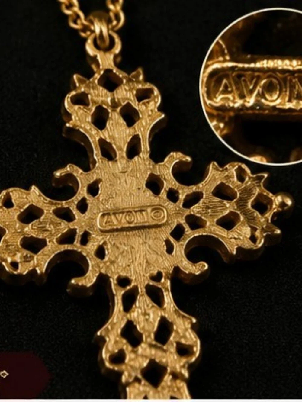 Vintage Avon Ornate Gothic Cross Pendant Necklace Red Glass Cabochon 22 Inch